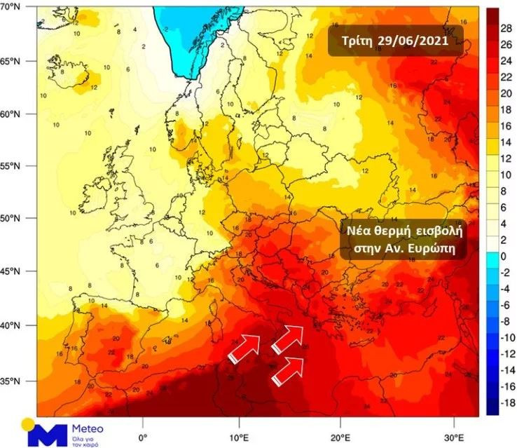 χάρτης για καύσωνα και θερμές αέριες μάζες