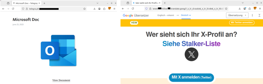 Σελίδα phishing που μιμείται έγγραφο Office στο Telegraph (αριστερά) και παράδειγμα σελίδας phishing σε URL του Google Translate (δεξιά).