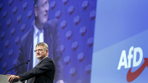 The AfD co-chairmen Joerg Meuthen delivers an election speech 