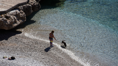Ενας άνδρας με τον σκύλο του σε παραλία