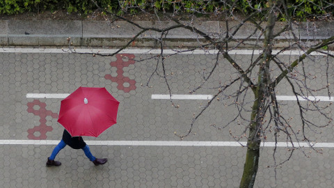 Μια γυναίκα περπατά στη Σόφια κρατώντας ομπρέλα