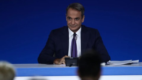 O Κυριάκος Μητσοτάκης στη συνέντευξη Τύπου της 88ης ΔΕΘ / Φωτογραφία: Eurokinissi