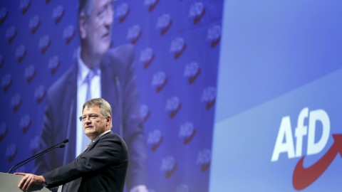 The AfD co-chairmen Joerg Meuthen delivers an election speech